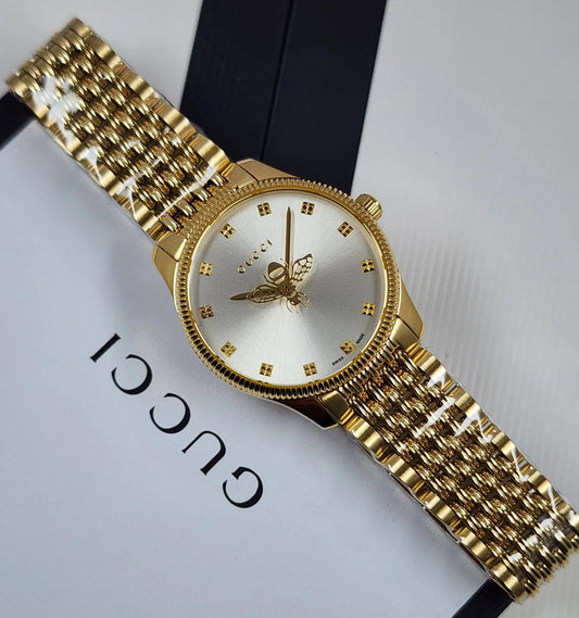 Gucci G-Timeless YA1265021 Women’s Quartz Watch Silver Dial Gold Bracelet 29mm