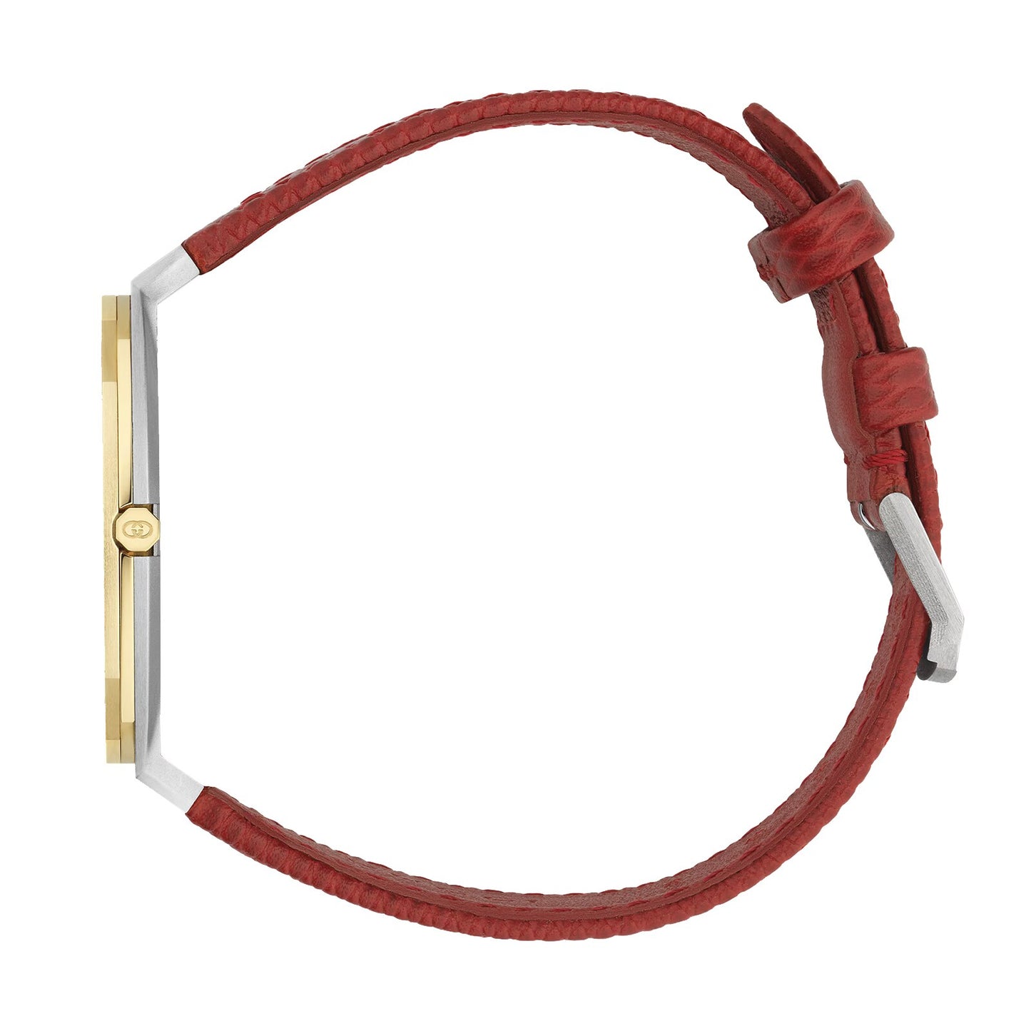 GUCCI 25H 34MM QTZ SS Golden Brass Dial Red LTHR Unisex Watch YA163415