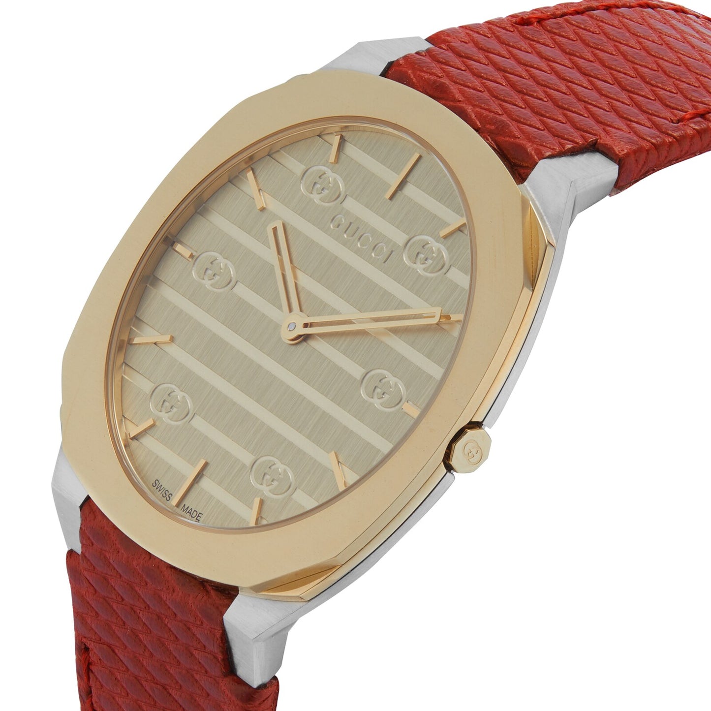 GUCCI 25H 34MM QTZ SS Golden Brass Dial Red LTHR Unisex Watch YA163415