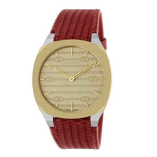 GUCCI 25H 34MM QTZ SS Golden Brass Dial Red LTHR Unisex Watch YA163415