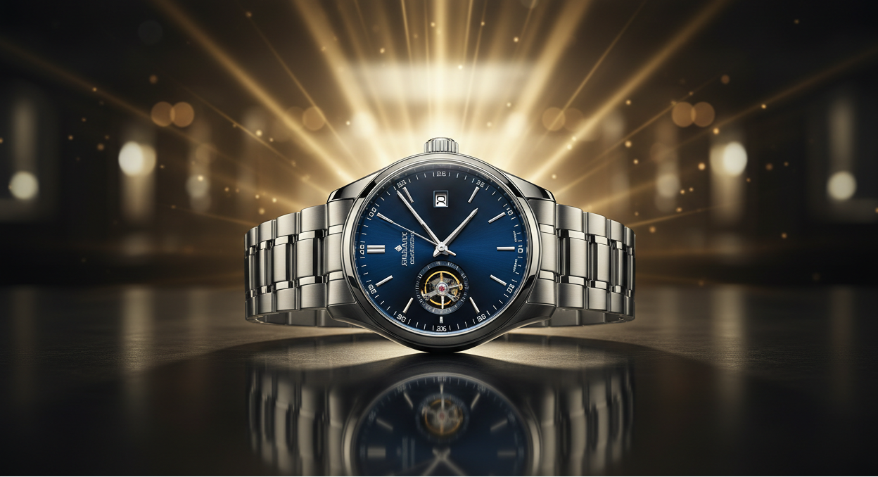 A luxury wristwatch with a deep blue dial and a silver stainless steel bracelet, displayed on a reflective dark surface with a dramatic golden spotlight background. The Premier Watch Store logo is visible in the top left corner.