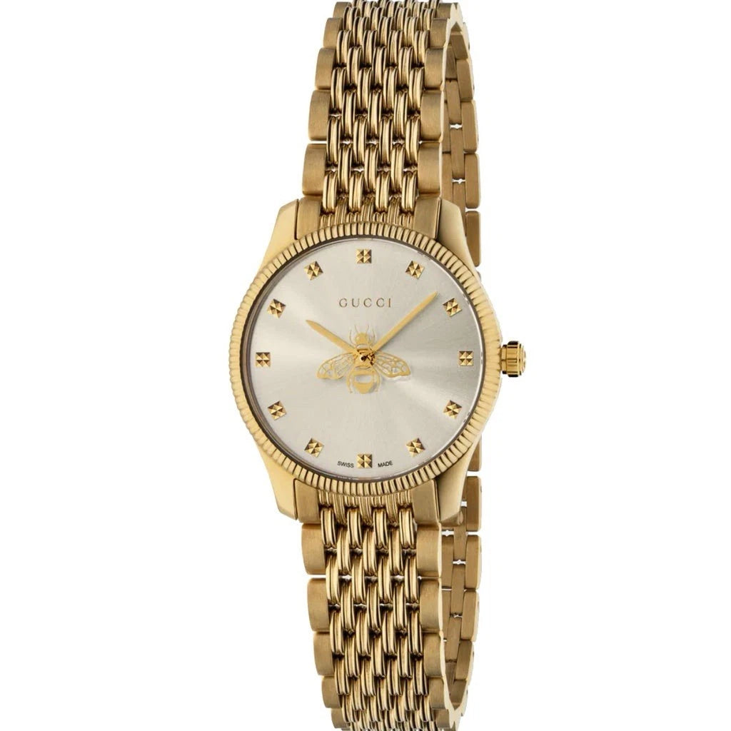 Gucci G-Timeless YA1265021 Women’s Quartz Watch Silver Dial Gold Bracelet 29mm