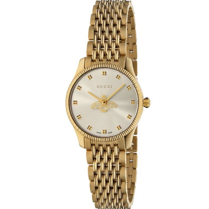 Gucci G-Timeless YA1265021 Women’s Quartz Watch Silver Dial Gold Bracelet 29mm