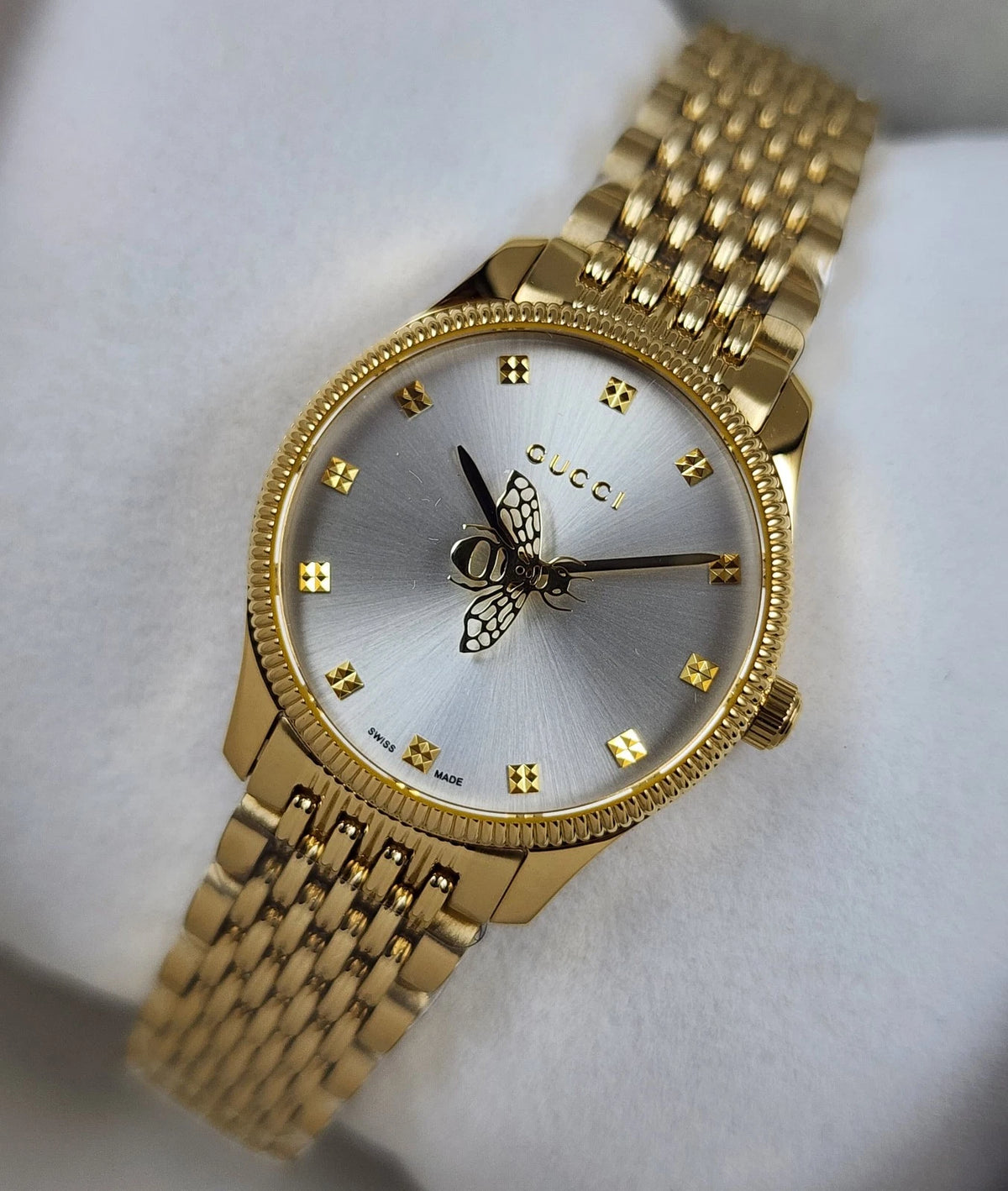 Gucci G-Timeless YA1265021 Women’s Quartz Watch Silver Dial Gold Bracelet 29mm