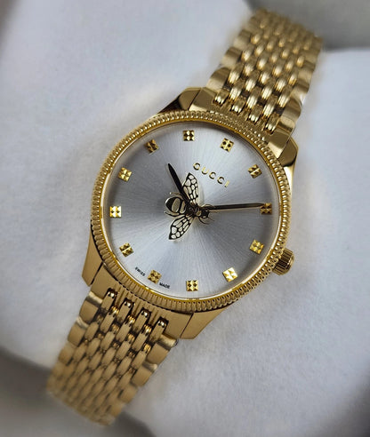 Gucci G-Timeless YA1265021 Women’s Quartz Watch Silver Dial Gold Bracelet 29mm