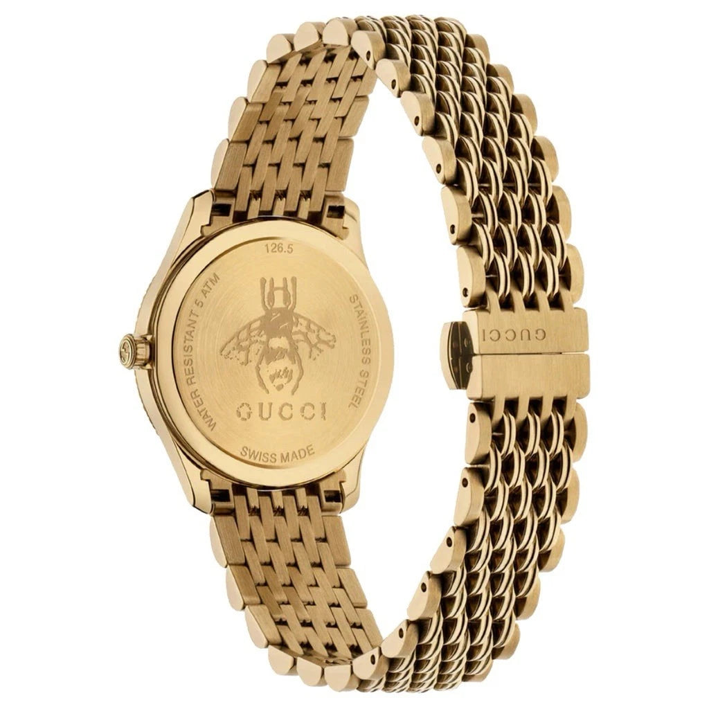 Gucci G-Timeless YA1265021 Women’s Quartz Watch Silver Dial Gold Bracelet 29mm