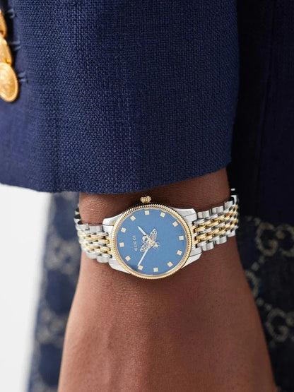 Gucci G-Timeless YA1265029 29mm Two-Tone Quartz Watch – Blue Dial with Bee Motif