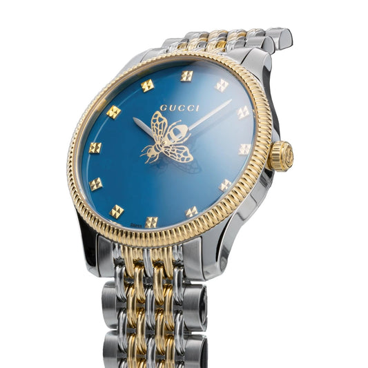 Gucci G-Timeless YA1265029 29mm Two-Tone Quartz Watch – Blue Dial with Bee Motif