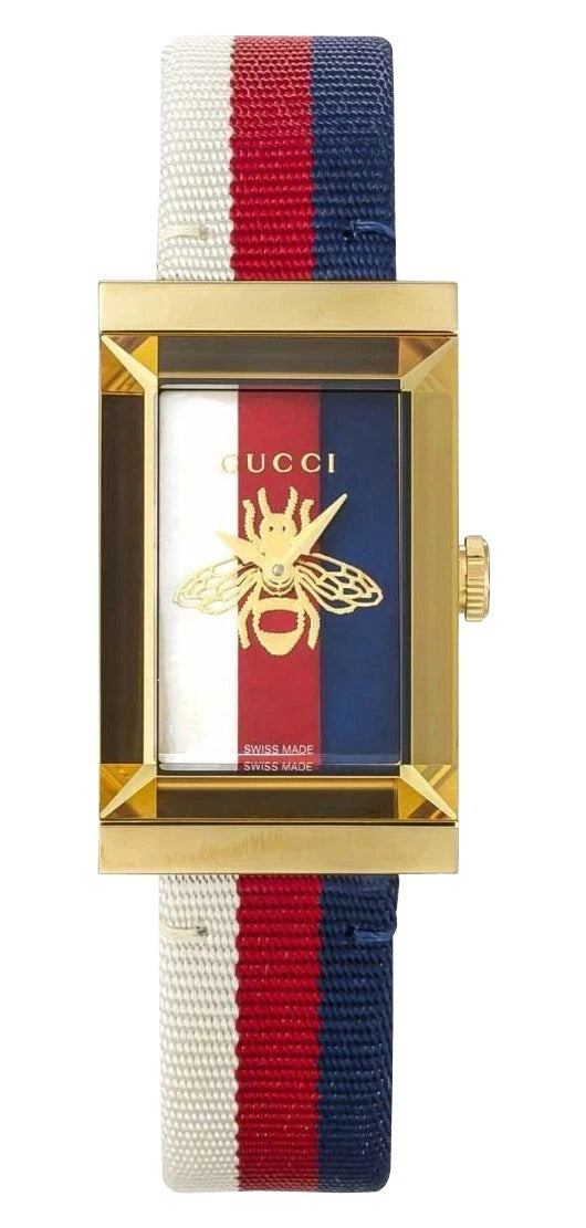 Gucci G-Frame Yellow Gold And Multicolored Dial Nylon Strap Quartz Womens Watch YA126572A