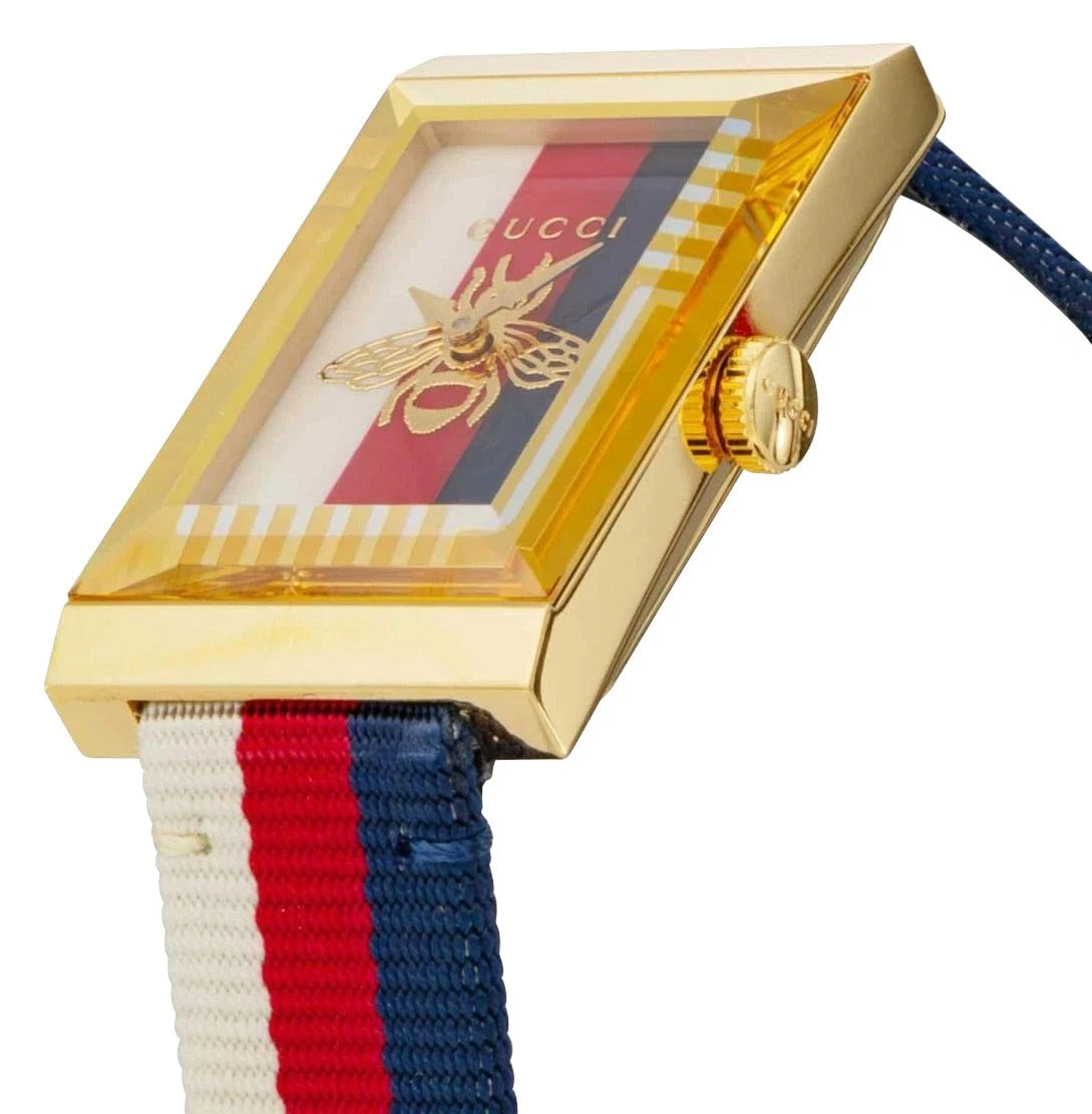Gucci G-Frame Yellow Gold PVD Multicolored Dial Nylon Strap Quartz Womens Watch YA126572A