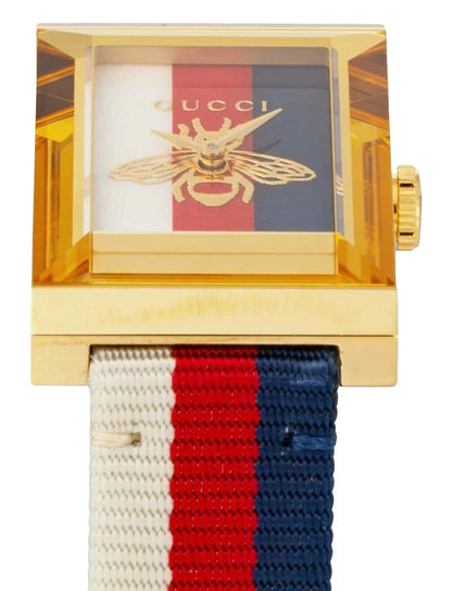 Gucci G-Frame Yellow Gold PVD Multicolored Dial Nylon Strap Quartz Womens Watch YA126572A