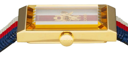 Gucci G-Frame Yellow Gold PVD Multicolored Dial Nylon Strap Quartz Womens Watch YA126572A