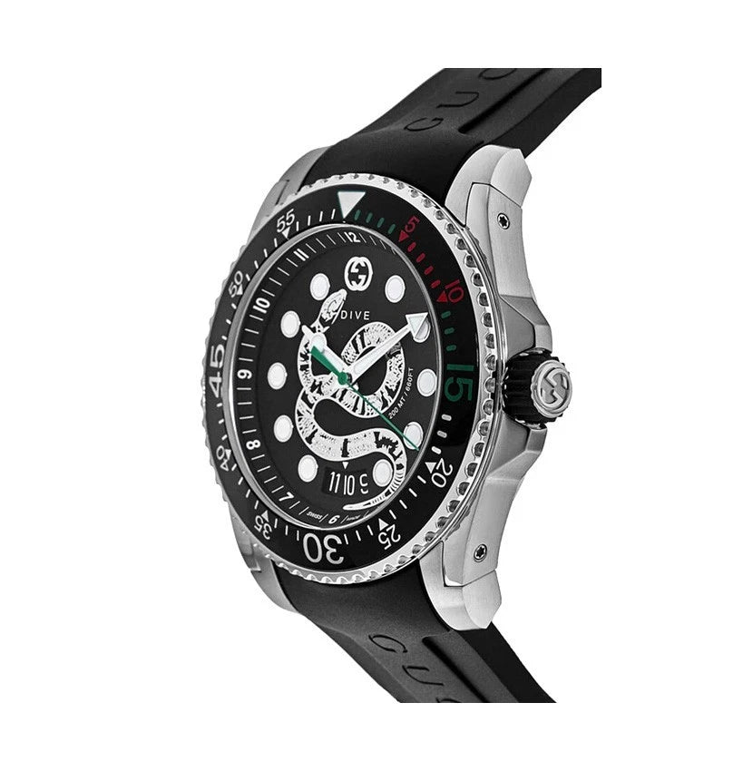 Gucci Dive YA136217 45mm Swiss Made Silicone Strap Black Dial Wrist Watch - NEW
