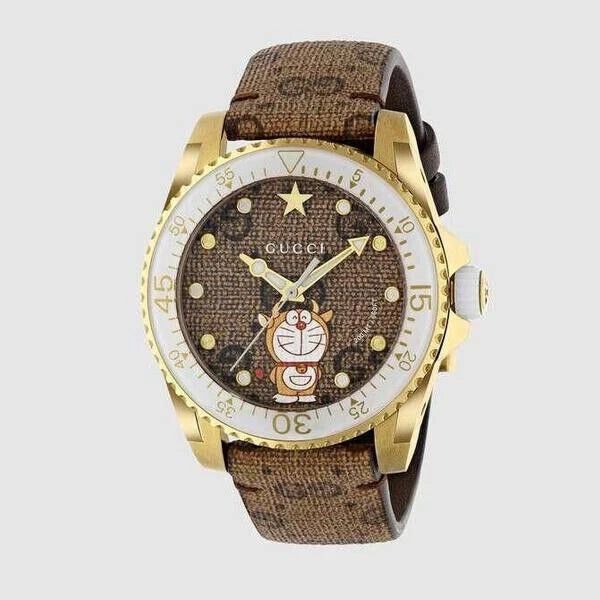 Gucci Dive Doraemon YA136334 Unisex Watch – Gold PVD Case with Brown Canvas Dial