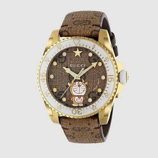 Gucci Dive Doraemon YA136334 Unisex Watch – Gold Case with Brown Canvas Dial