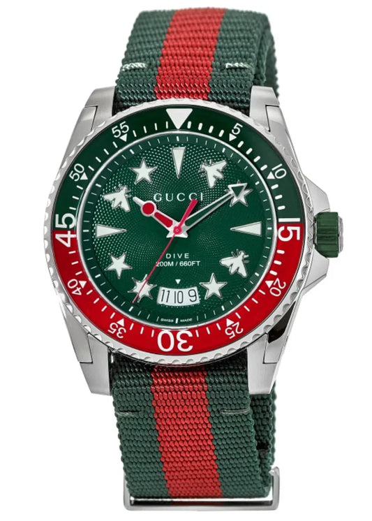 Gucci Dive Stainless Steel Green Dial Green/Red Nylon NATO Strap Date Divers Quartz Mens Watch YA136339