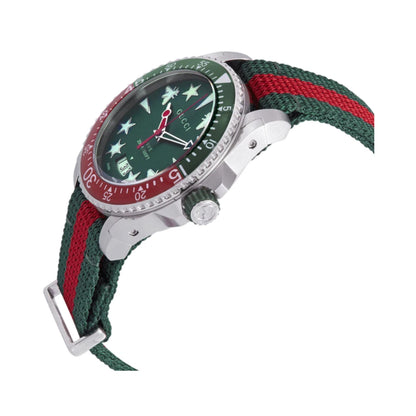 Gucci Dive Stainless Steel Green Dial Green/Red Nylon NATO Strap Date Divers Quartz Mens Watch YA136339
