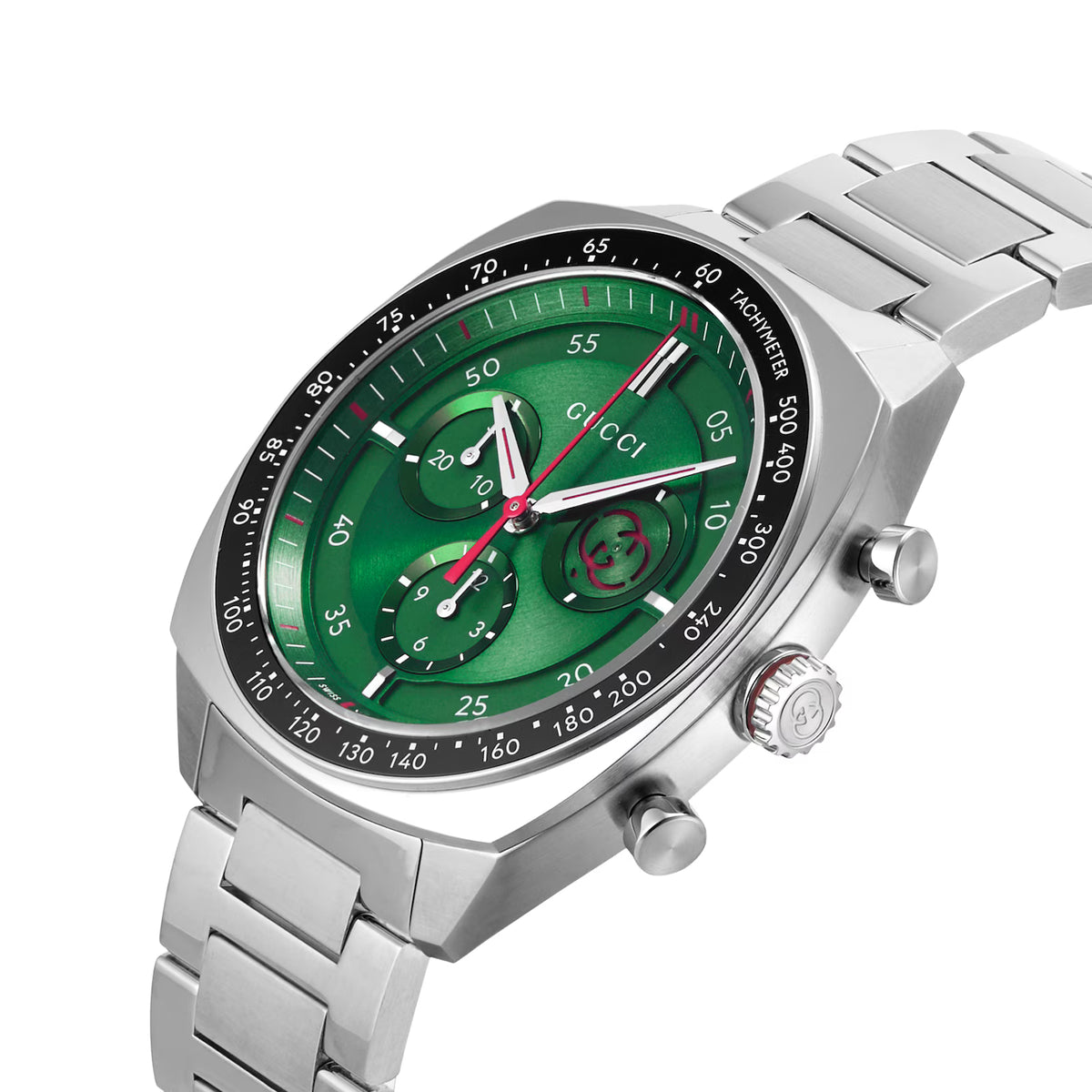 Gucci Interlocking Chronograph Stainless Steel Green Dial Quartz Mens Watch YA142318