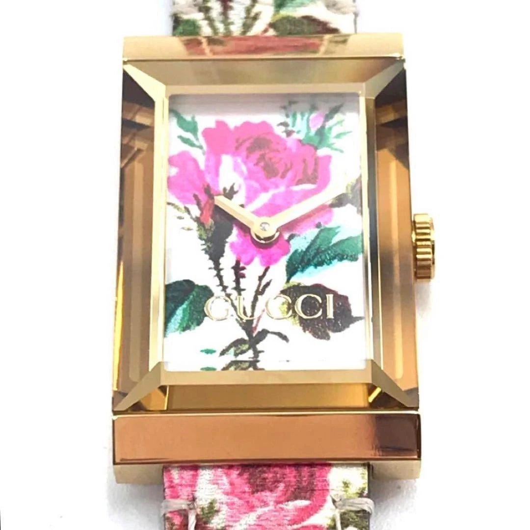 GUCCI G-Frame Watch YA147406 Gold Plated Quartz 21x34mm Floral Dial Working JP