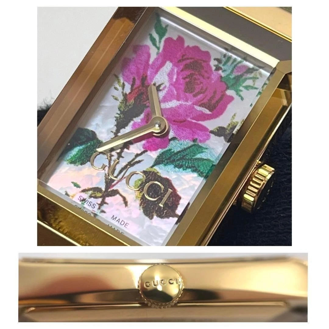 GUCCI G-Frame Watch YA147406 Gold Plated Quartz 21x34mm Floral Dial Working JP