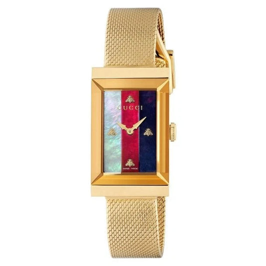Gucci G-Frame Yellow Gold And Steel Mesh Multicolored Mother-Of-Pearl Dial Quartz Womens Watch YA147410