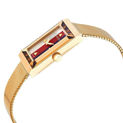 Gucci G-Frame Yellow Gold PVD Steel Mesh Multicolored Mother-Of-Pearl Dial Quartz Womens Watch YA147410