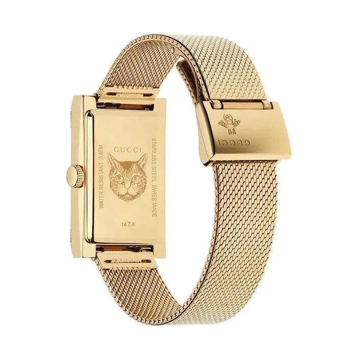 Gucci G-Frame Yellow Gold PVD Steel Mesh Multicolored Mother-Of-Pearl Dial Quartz Womens Watch YA147410