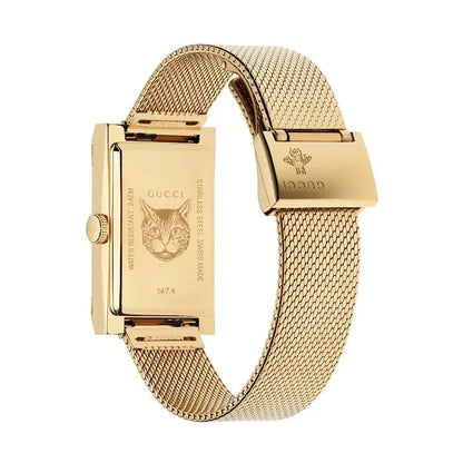 Gucci G-Frame Yellow Gold PVD Steel Mesh Multicolored Mother-Of-Pearl Dial Quartz Womens Watch YA147410