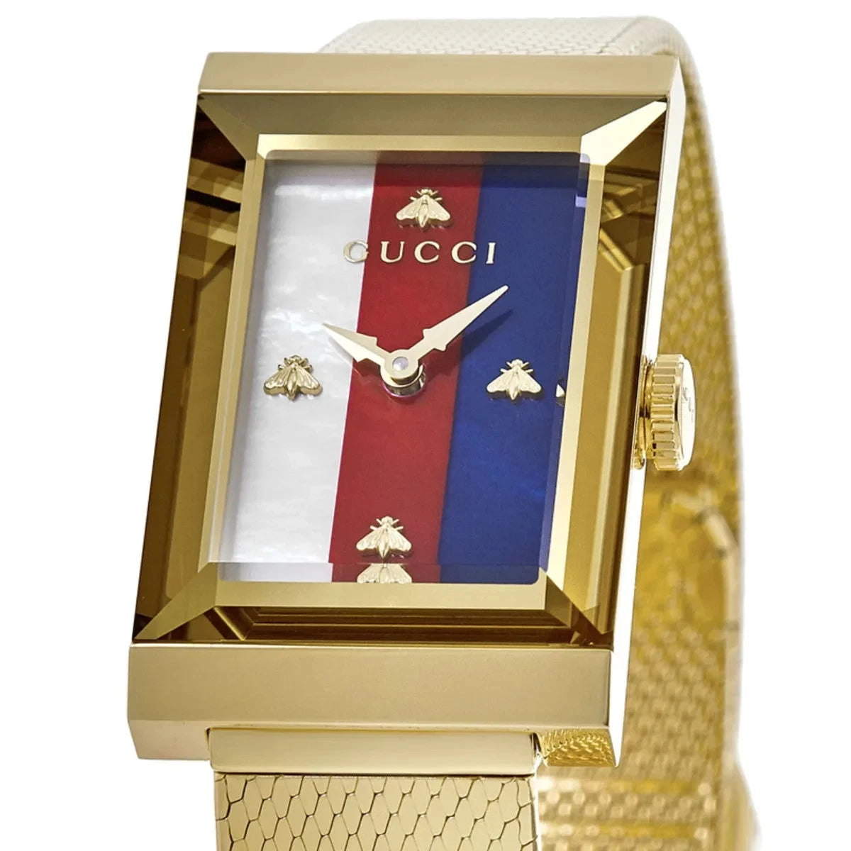 Gucci G-Frame Yellow Gold And Steel Mesh Multicolored Mother-Of-Pearl Dial Quartz Womens Watch YA147410