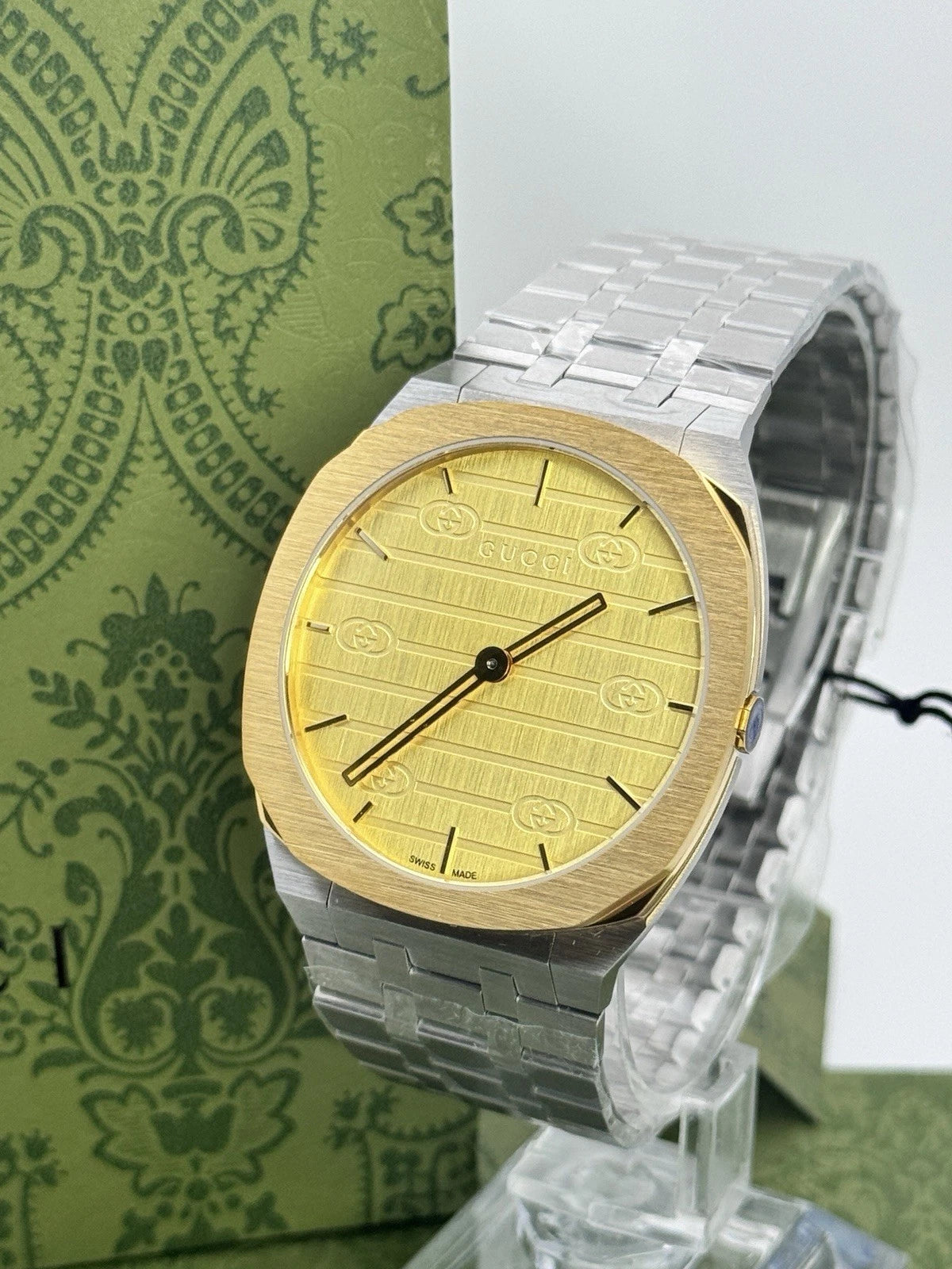 New Gucci 25H Golden Brass Dial YA163405 38mm Swiss Quartz Men's Watch - Silver