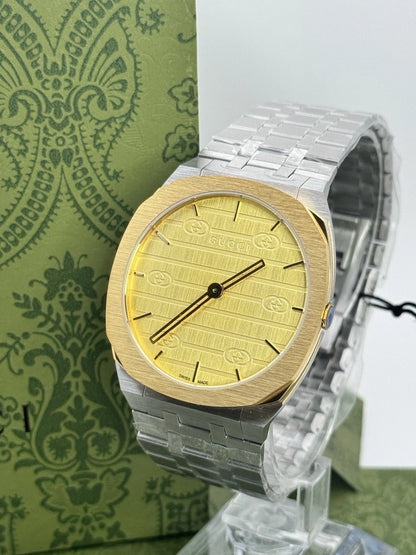 New Gucci 25H Golden Brass Dial YA163405 38mm Swiss Quartz Men's Watch - Silver