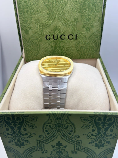 New Gucci 25H Golden Brass Dial YA163405 38mm Swiss Quartz Men's Watch - Silver