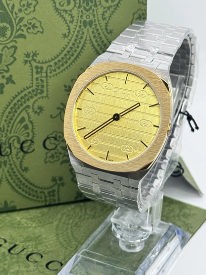 New Gucci 25H Golden Brass Dial YA163405 38mm Swiss Quartz Men's Watch - Silver