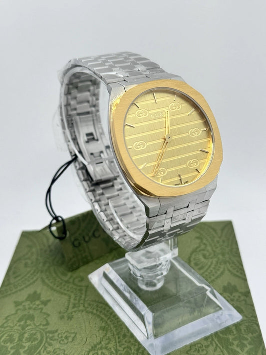 Gucci 25H Golden Brass Dial YA163405 38mm Swiss Quartz Men's Watch - Silver