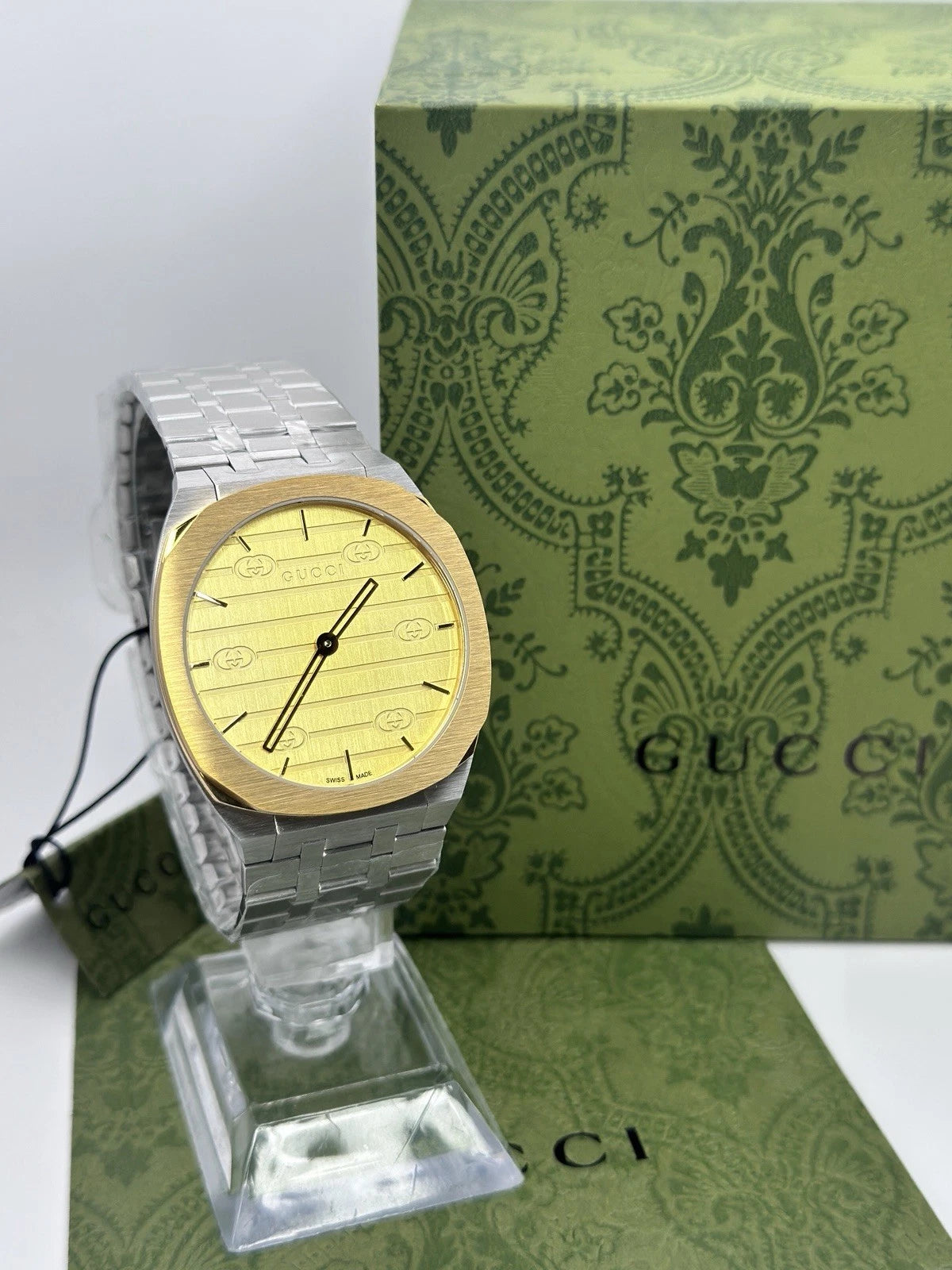 Gucci 25H Golden Brass Dial YA163405 38mm Swiss Quartz Men's Watch - Silver