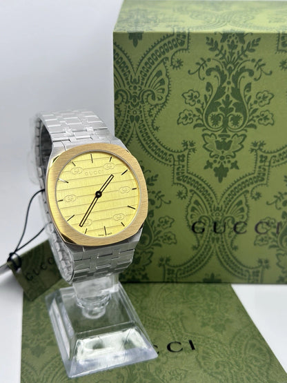 Gucci 25H Golden Brass Dial YA163405 38mm Swiss Quartz Men's Watch - Silver