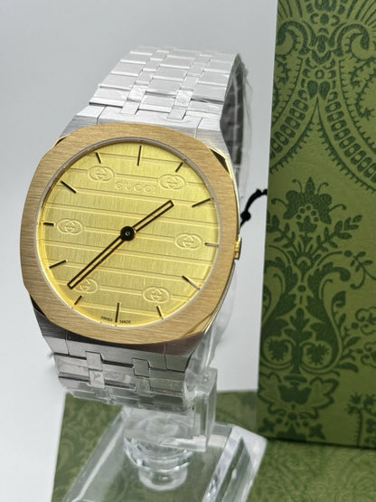 Gucci 25H Golden Brass Dial YA163405 38mm Swiss Quartz Men's Watch - Silver