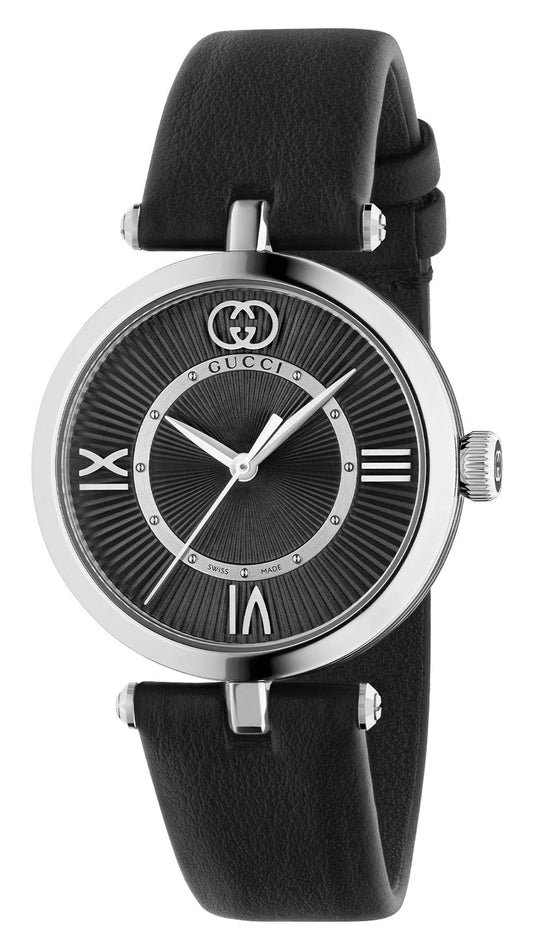 Gucci Model 2000 Stainless Steel Black Dial Black Leather Strap Quartz Womens Watch YA167505