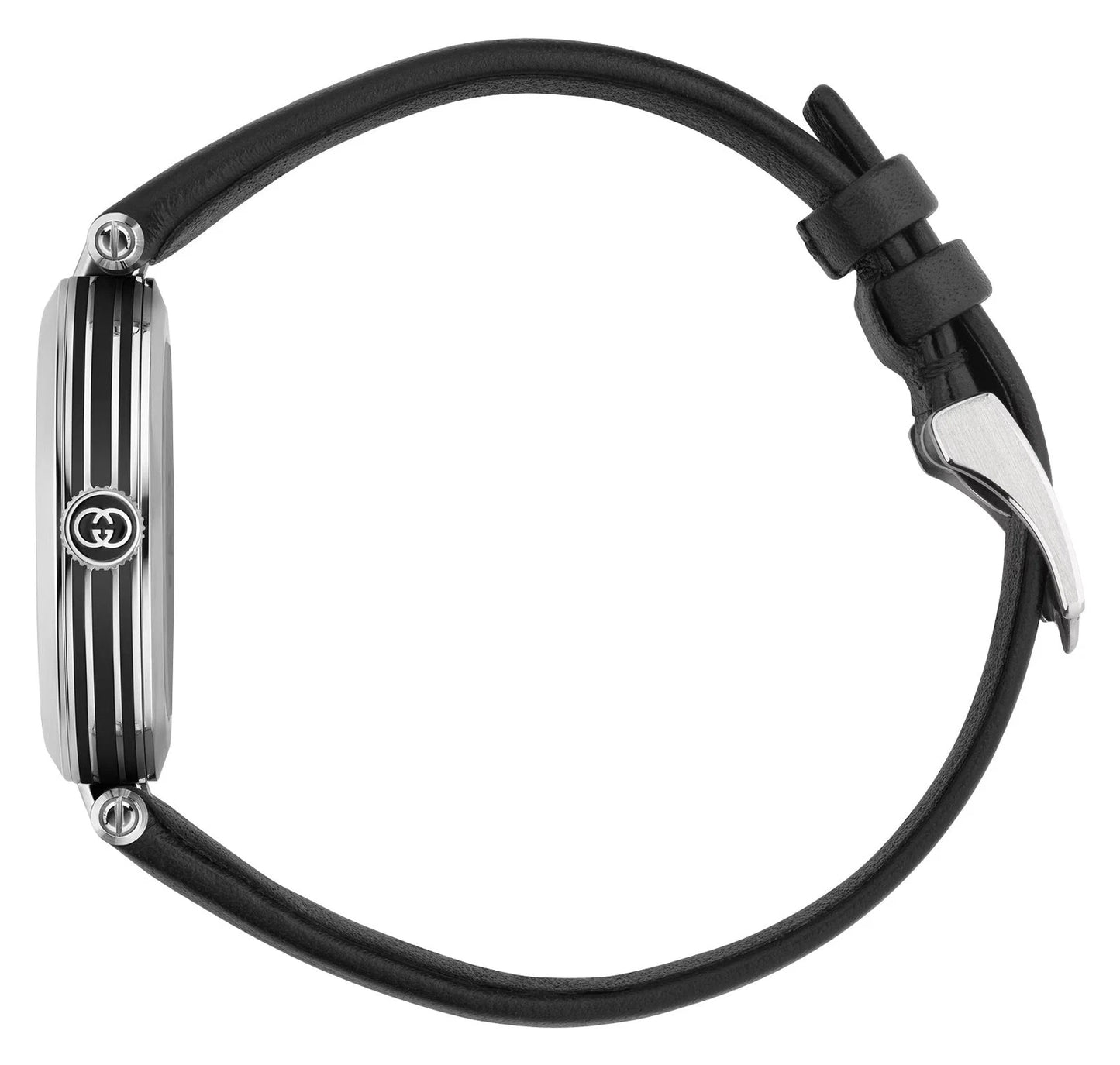 Gucci Model 2000 Stainless Steel Black Dial Black Leather Strap Quartz Womens Watch YA167505
