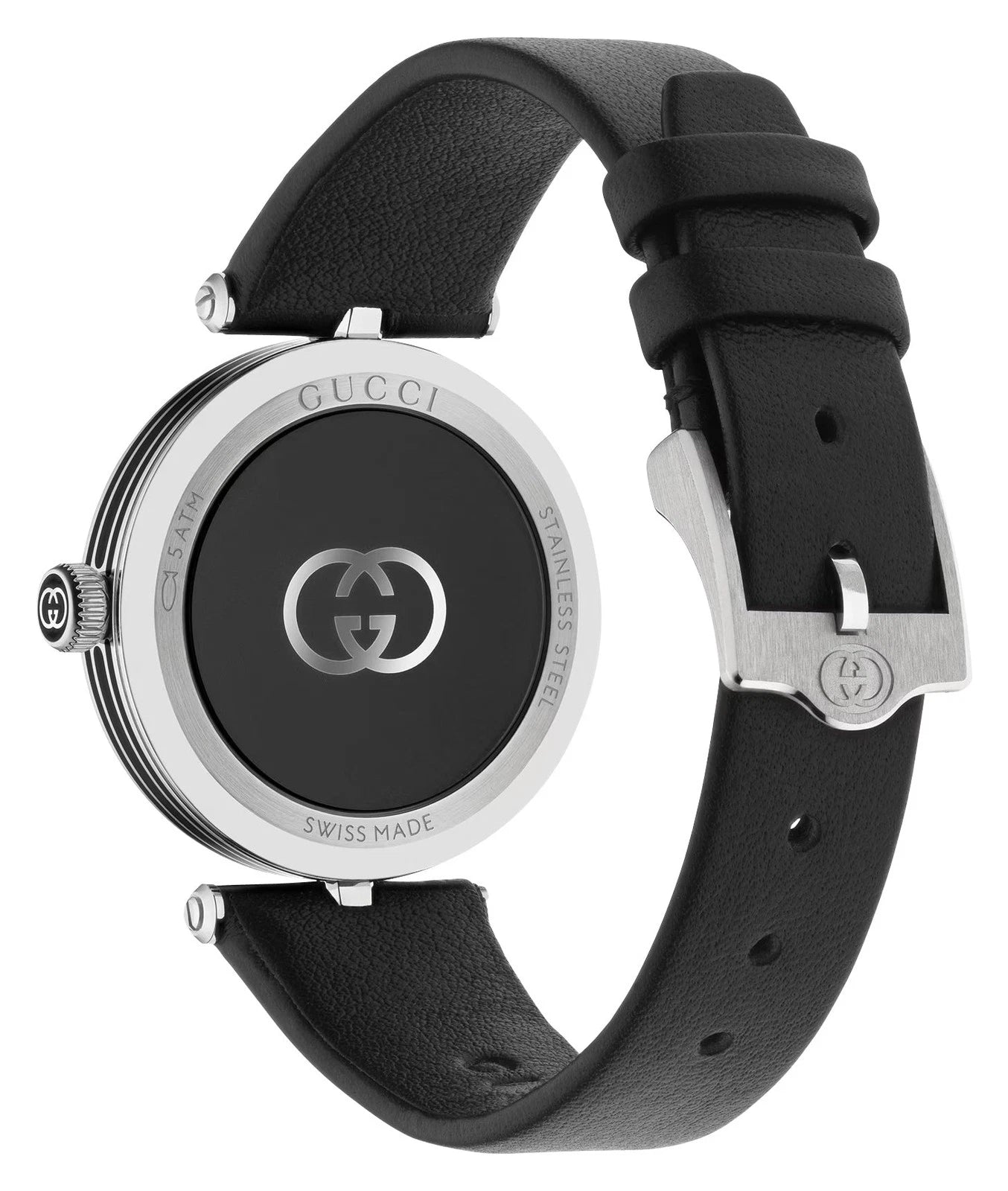 Gucci Model 2000 Stainless Steel Black Dial Black Leather Strap Quartz Womens Watch YA167505