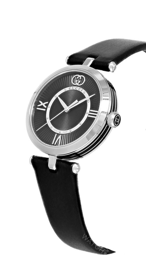 Gucci Model 2000 Stainless Steel Black Dial Black Leather Strap Quartz Womens Watch YA167505