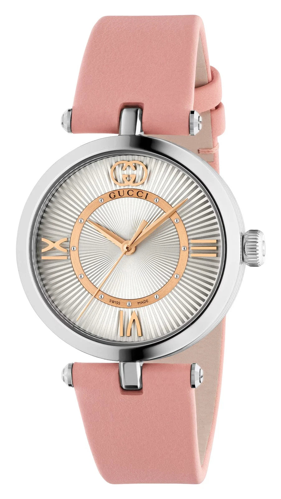 Gucci Model 2000 Stainless Steel Silver Dial Pink Leather Strap Quartz Womens Watch YA167506