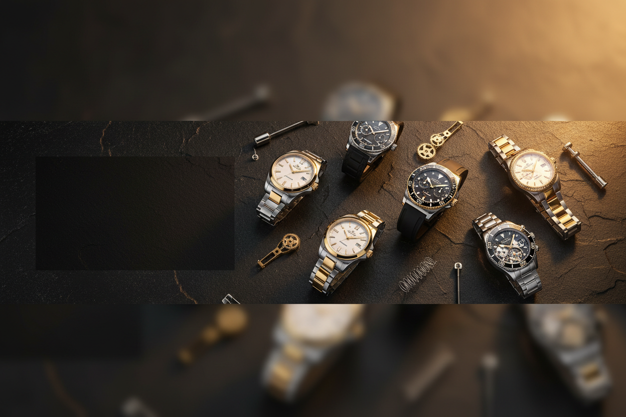 A styled flat-lay of multiple luxury wristwatches with mixed gold, silver, and black metal finishes, arranged on a dark textured surface with small watch parts and keys around them.