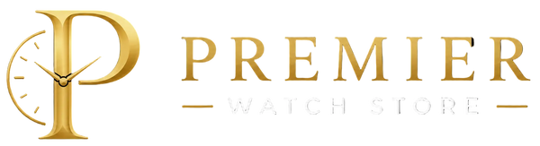 A gold and white logo for 'Premier Watch Store' on a solid black background, featuring a stylized letter P integrated with a clock face.