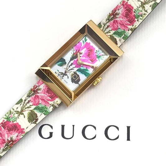 GUCCI G-Frame Watch YA147406 Gold Plated Quartz 21x34mm With Floral Dial
