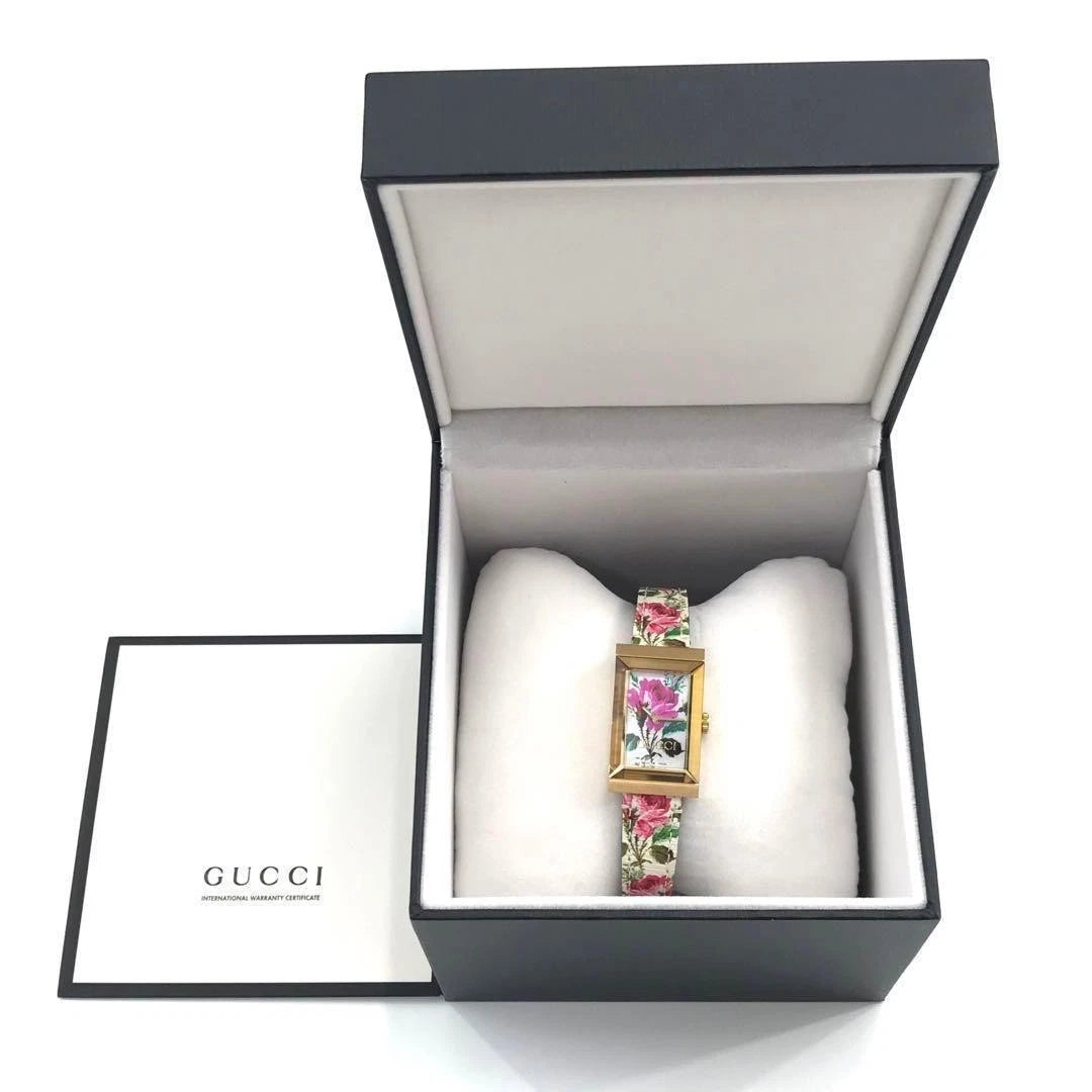 GUCCI G-Frame Watch YA147406 Gold Plated Quartz 21x34mm With Floral Dial