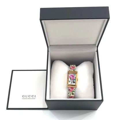 GUCCI G-Frame Watch YA147406 Gold Plated Quartz 21x34mm With Floral Dial
