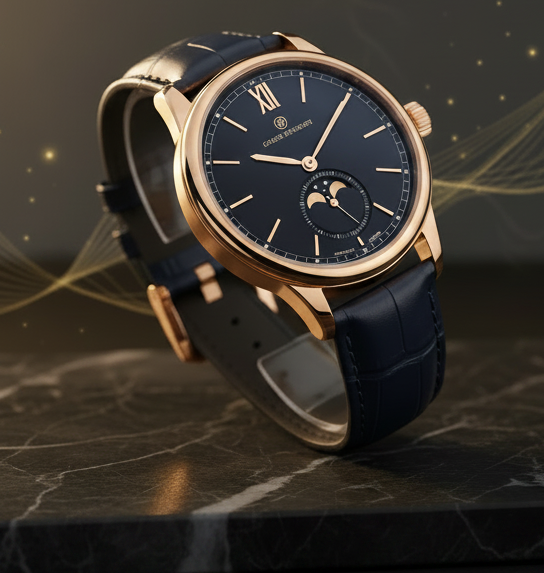 A luxury wristwatch with a rose gold case, dark blue dial, and navy blue leather strap, displayed on a black marble slab next to a 'JOIN OUR NEWSLETTER' subscription card overlay.
